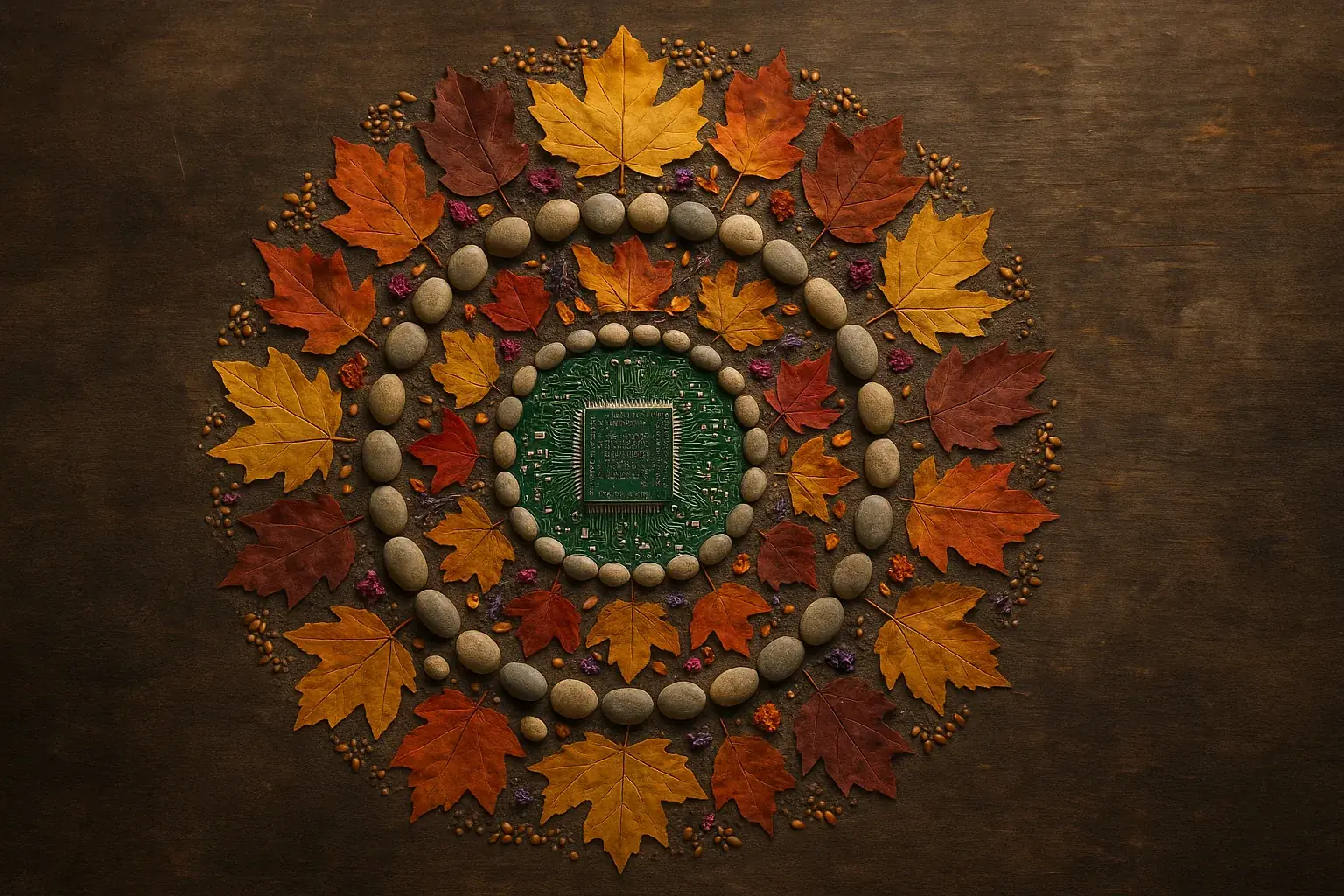 Finished Nature-Tech Mandala: circuit board, pebbles, leaves, seeds in harmonious, reflective design. Inspires tech-nature