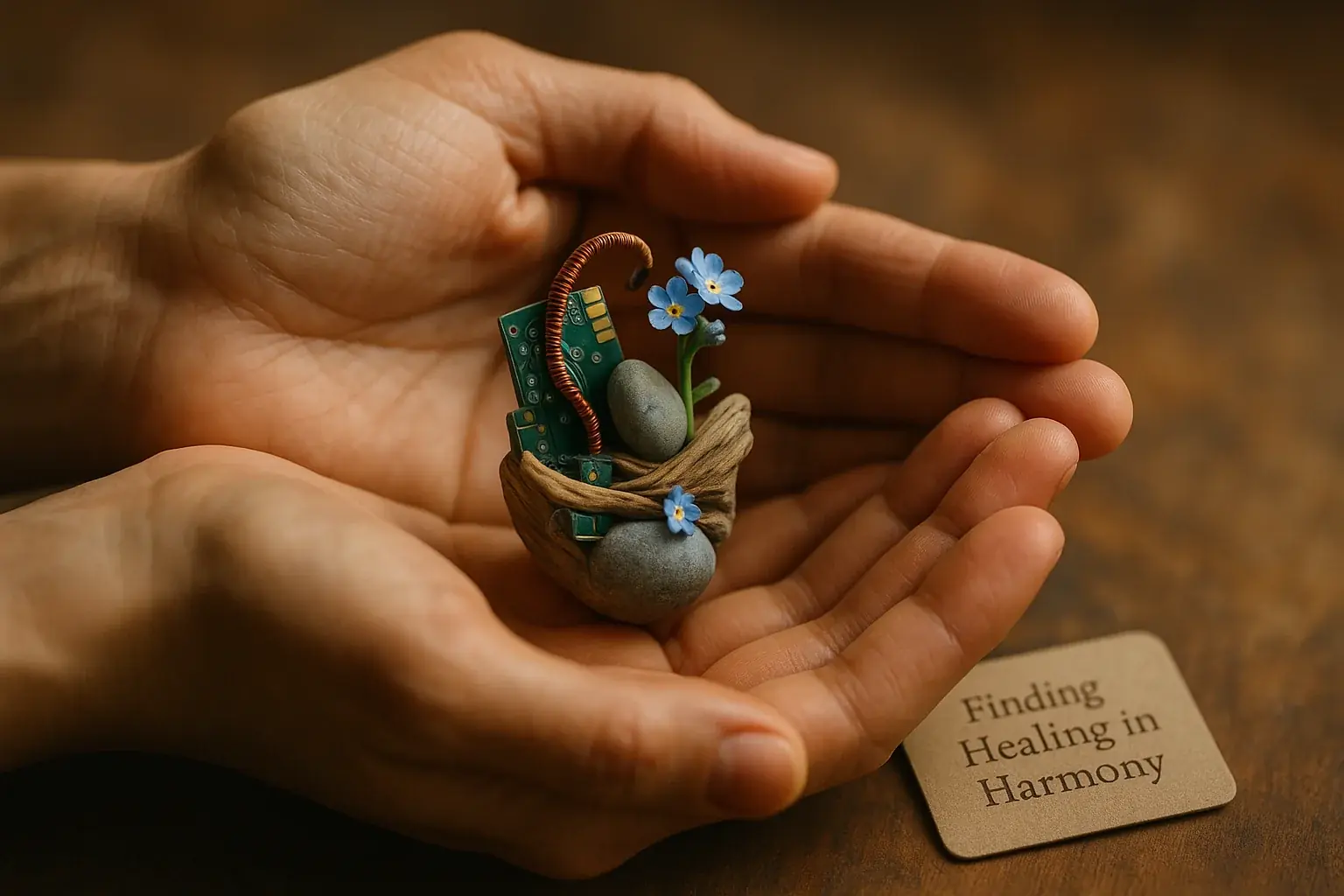 Hands gently hold a finished e-waste & nature artwork, a peaceful dialogue fostering tech-nature integration.