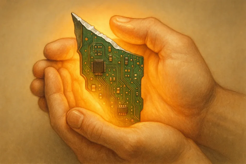 Hand safely holds sharp-edged e-waste circuit board, its soft glow revealing potential in difficult materials.