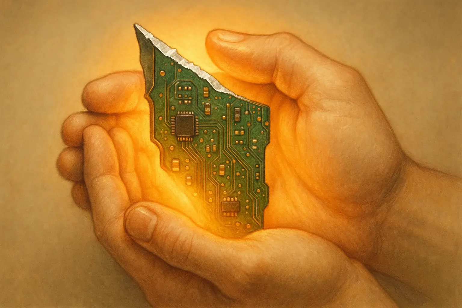 Hand safely holds sharp-edged e-waste circuit board, its soft glow revealing potential in difficult materials.