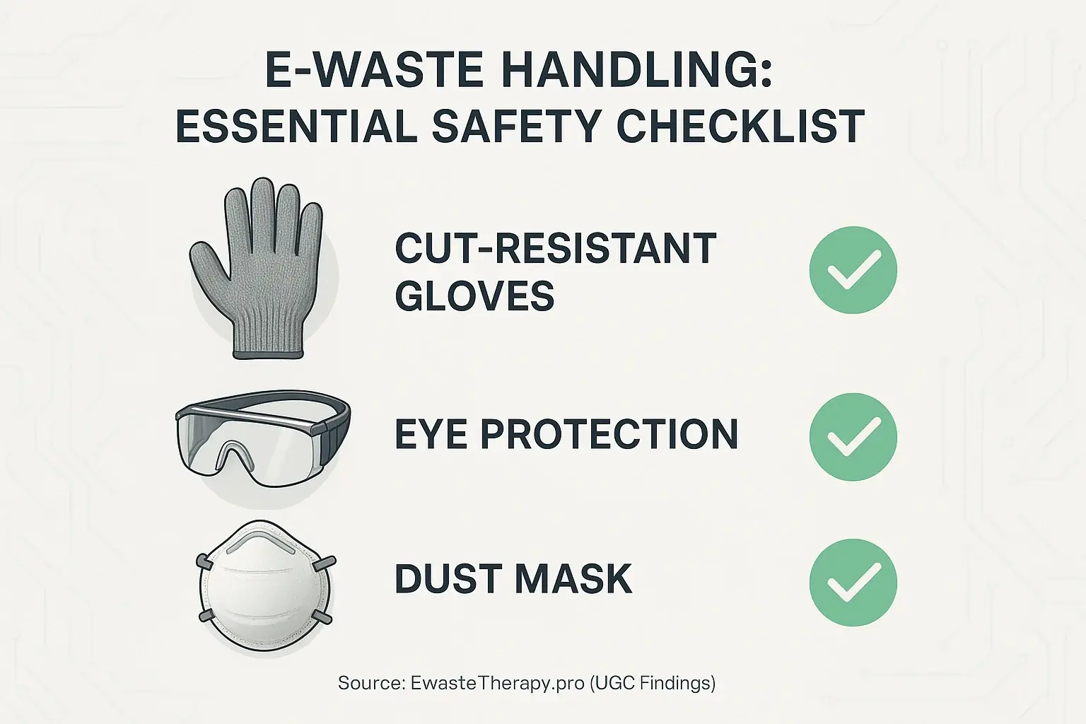 Checklist infographic: Icons of gloves, eye protection, dust mask. Key safety gear for handling e-waste and sharp components.