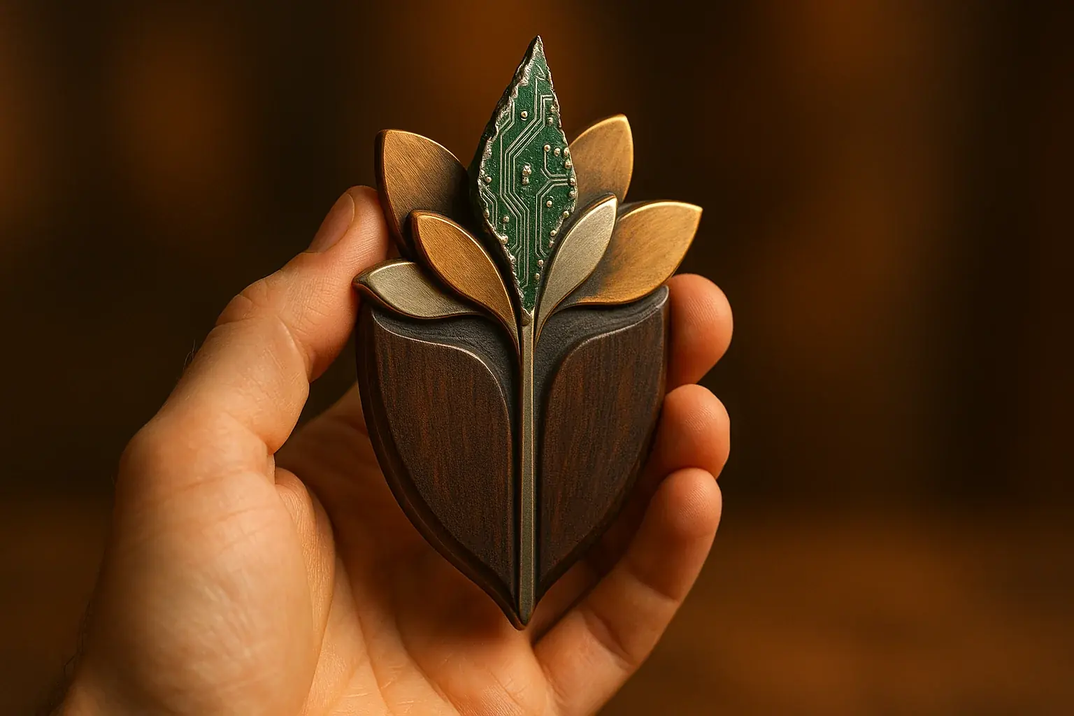 Hand holds broken e-waste, integrated into beautiful, strong art, turning perceived danger into power.