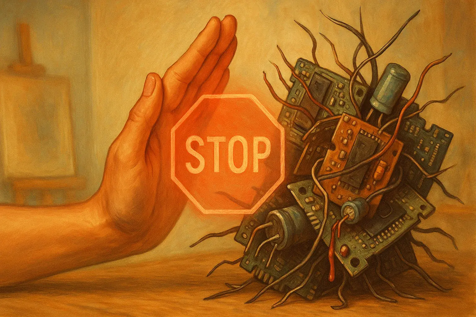 Hand gently pushes complex, hazardous e-waste with stop symbol, showing self-care and material limits.