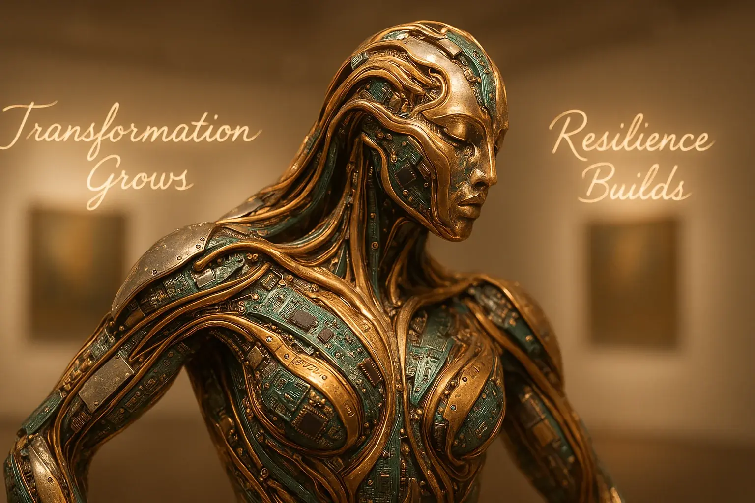 E-waste transformed into strong, beautiful art, its sharp origins symbolizing embracing the edge for self-understanding.