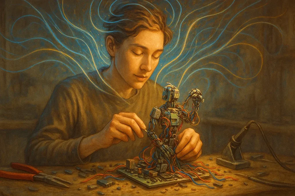 Artist immersed in e-waste art, abstract light emanating from head, signifying intense focus and flow state.
