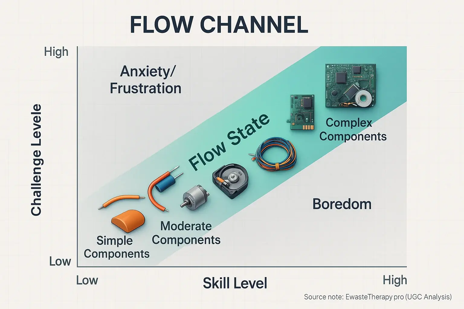 Infographic: E-waste art flow channel. Varied component challenges match skill, sparking deep engagement.