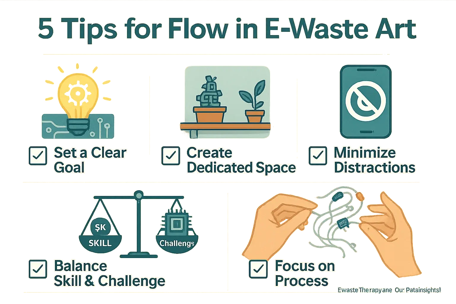 Infographic checklist: 5 e-waste art flow tips with visuals for clear goals, no distractions, match skill & challenge.