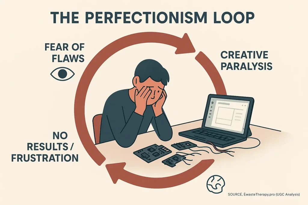 Perfectionism loop infographic: Stressed creative, broken tech, arrows show fear of flaws causing creative paralysis.