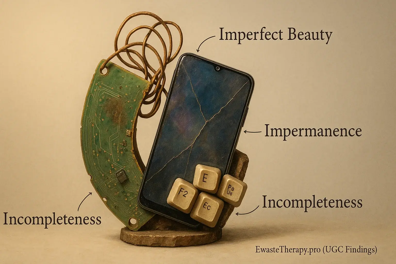 Infographic: Beautifully imperfect e-waste art illustrating Wabi-Sabi principles: impermanence, incompleteness, imperfection.