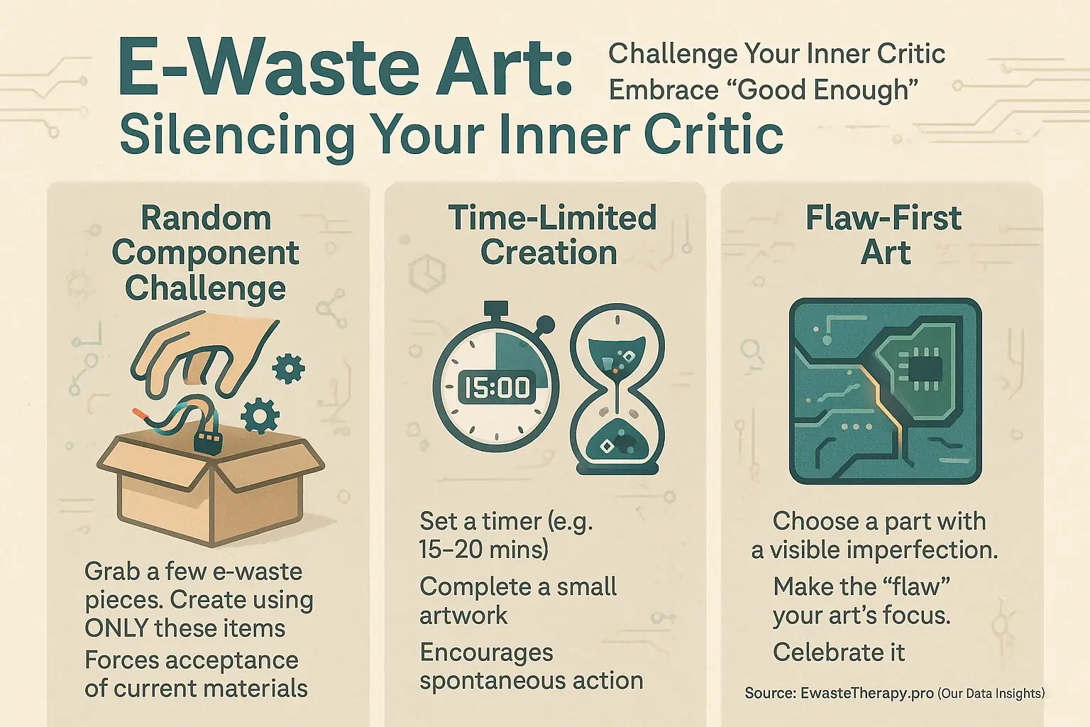 Infographic detailing 3 e-waste art exercises to silence inner critic: Random (dice), Timed (clock), Flaw-First (cracked