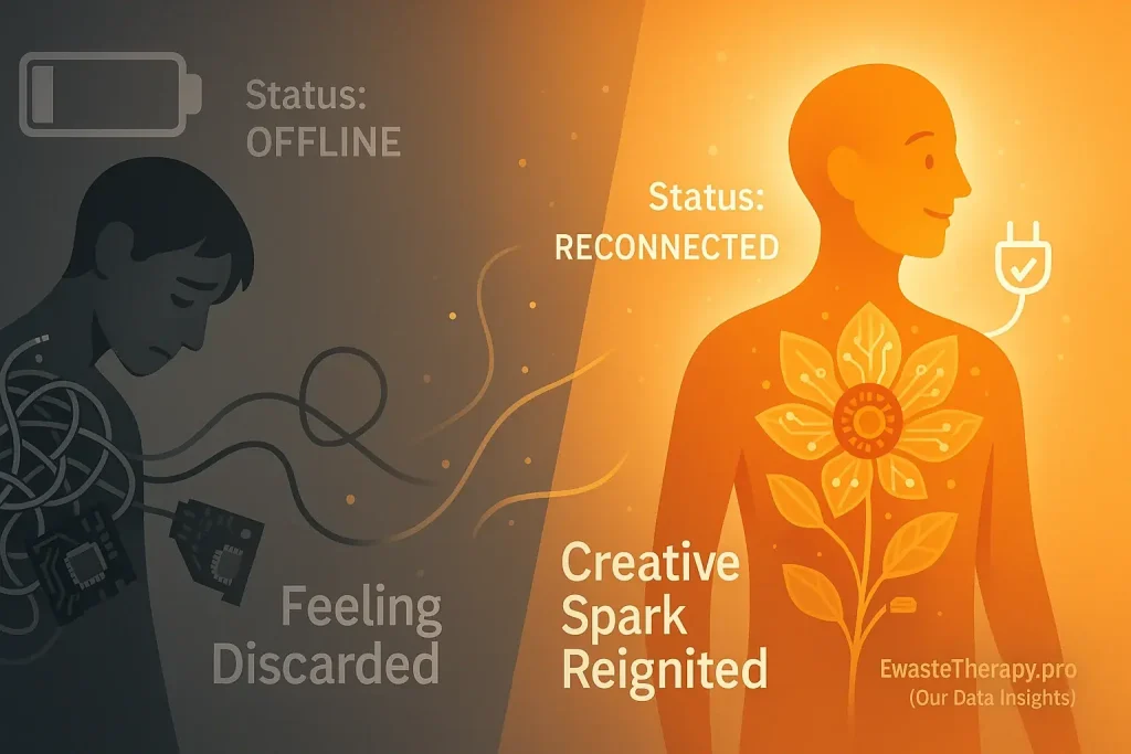 Infographic: Burnout (tangled wires) transforms through stages into renewal (blooming circuit board flower) via e-waste art.
