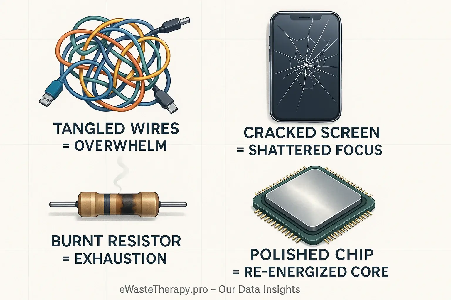 Infographic: E-waste. Tangled wire (overwhelm), cracked screen (shattered focus), burnt resistor (burnt out), polished chip