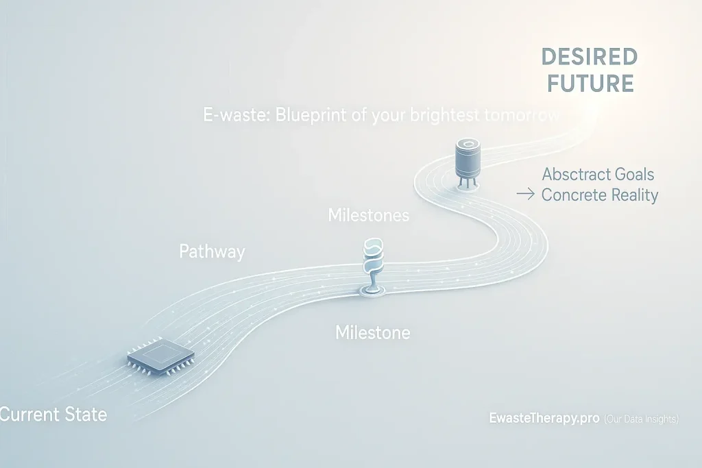 Future pacing visualized: infographic roadmap with e-waste art milestones from 'Current State' to 'Desired Future'.