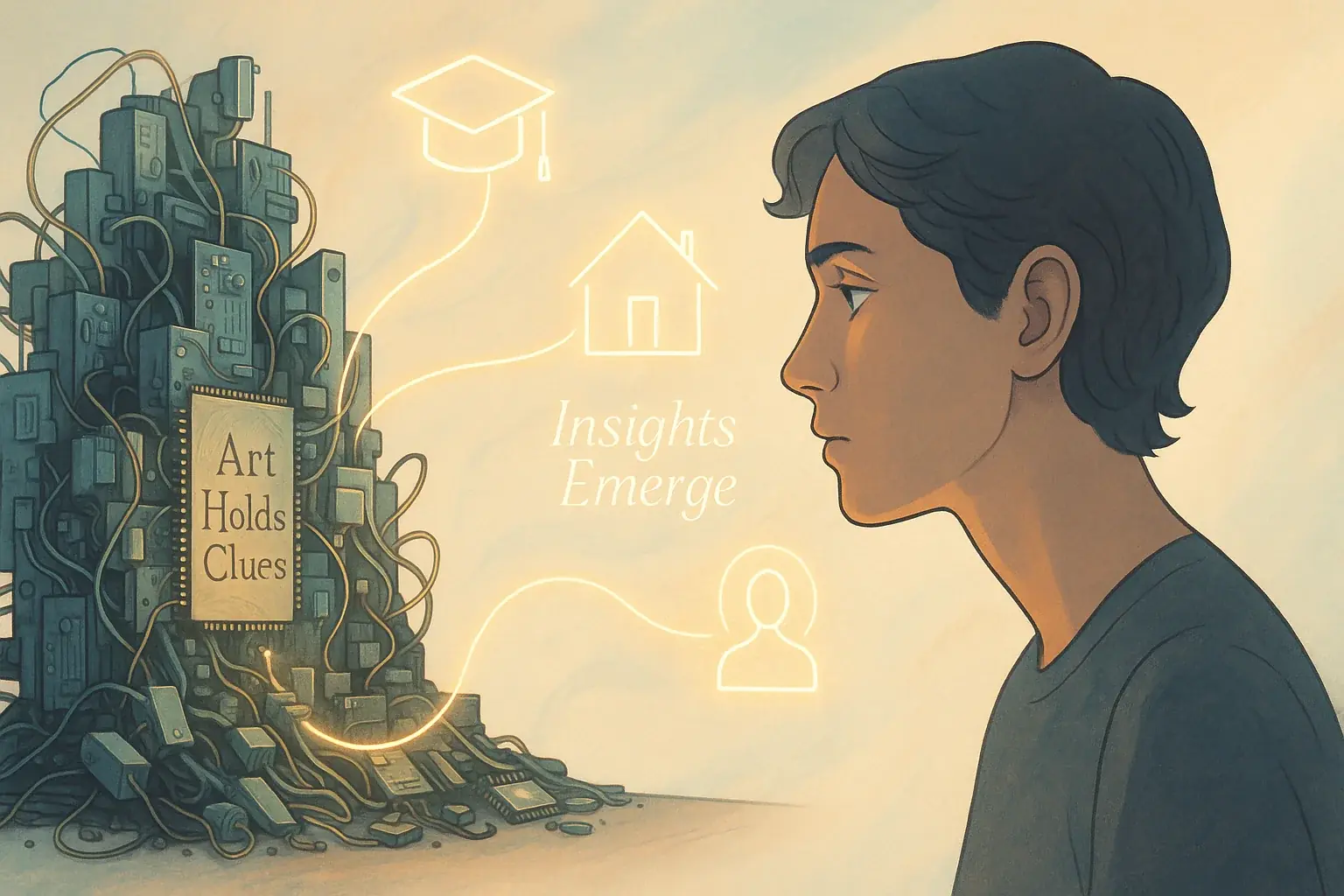 Person thoughtfully views e-waste art as a map, glowing lines linking parts to future goals like a graduation cap.