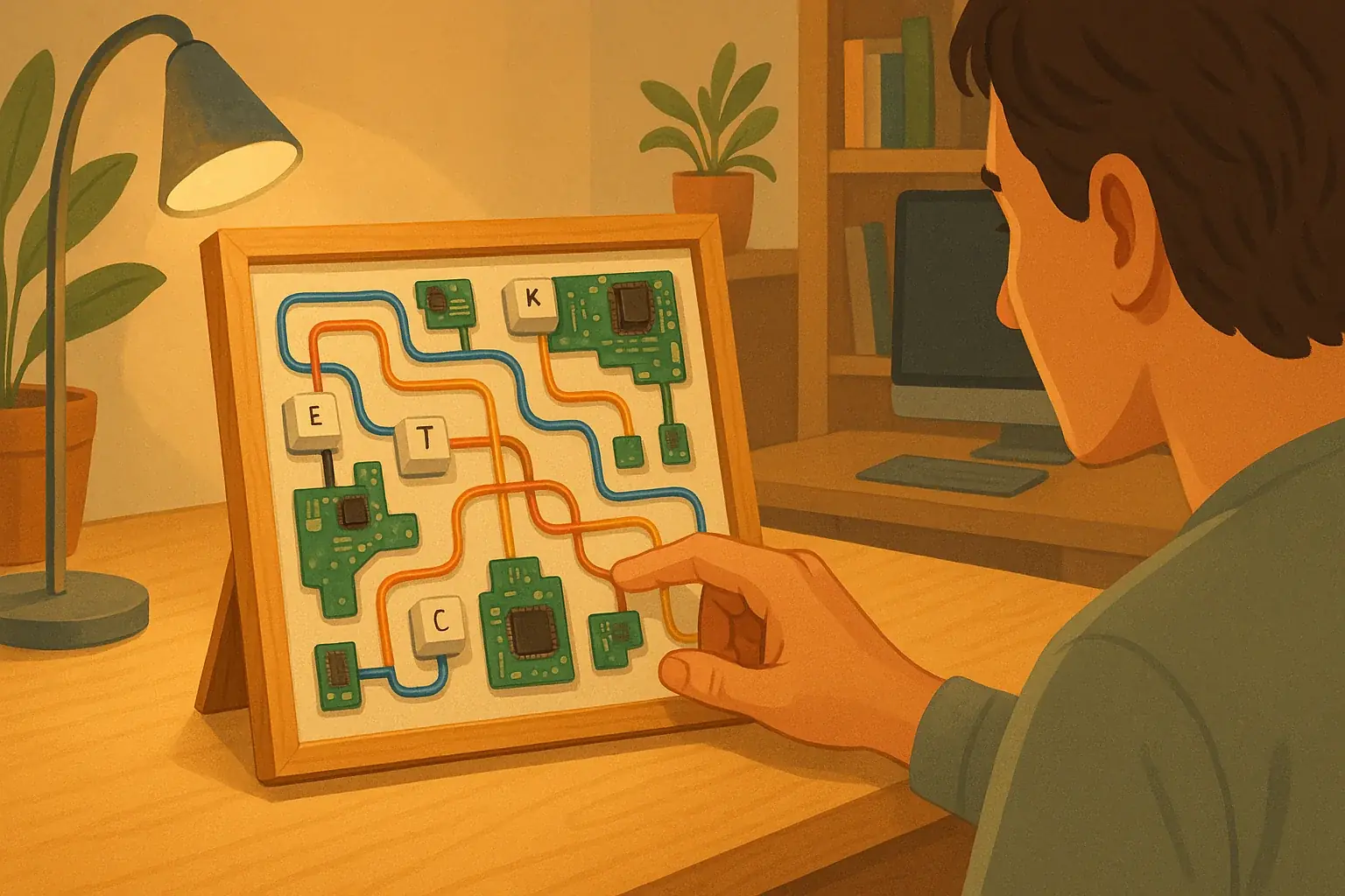 E-waste art piece, an 'E-Waste Future Map,' on a home office desk, fostering calm focus and daily sustainable integration.