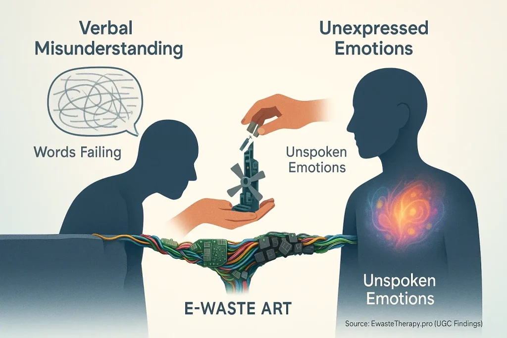 E-waste art as a visual bridge over the gap between spoken words and unspoken emotions, mending relationships.
