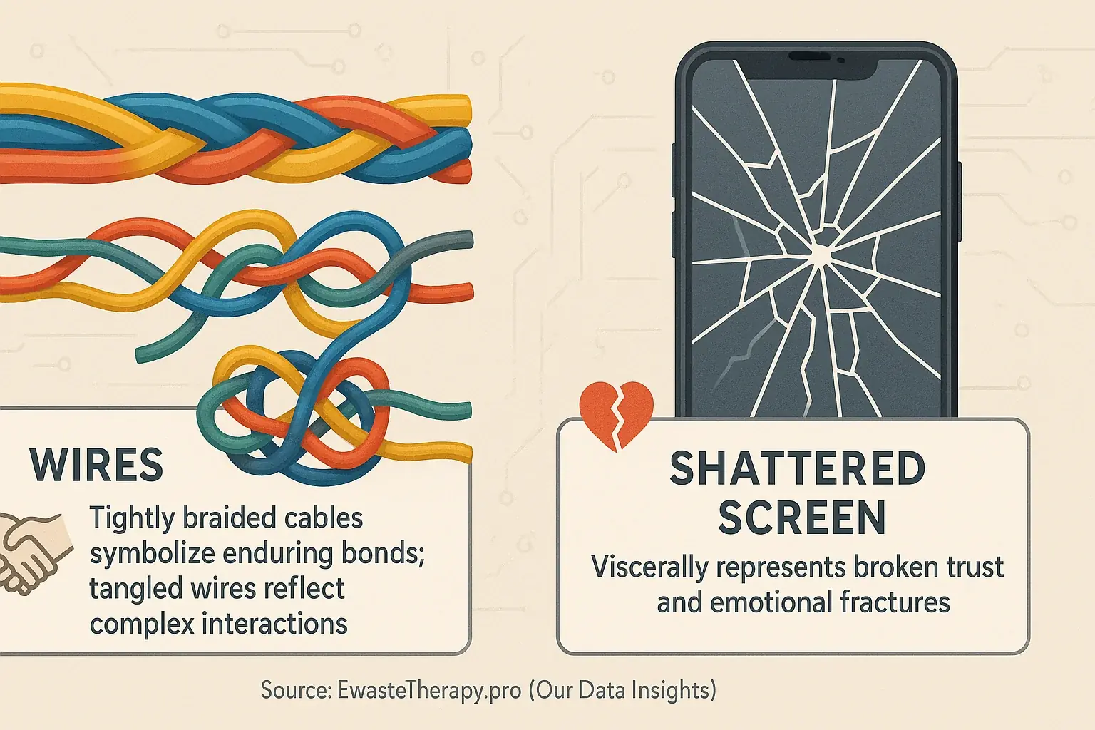 Infographic: E-waste symbolizes relationship bonds &amp; breaks; wires for connection, broken screens for shattered trust.