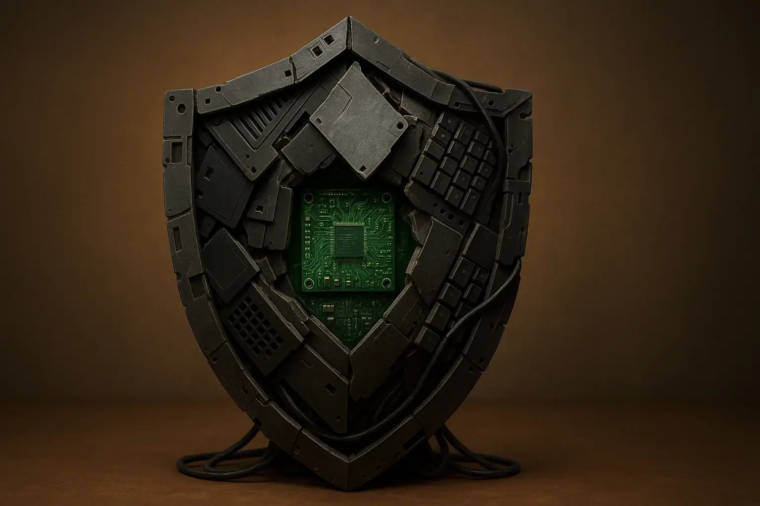 E-waste art piece with clear divisions or protective forms, symbolizing personal boundaries.