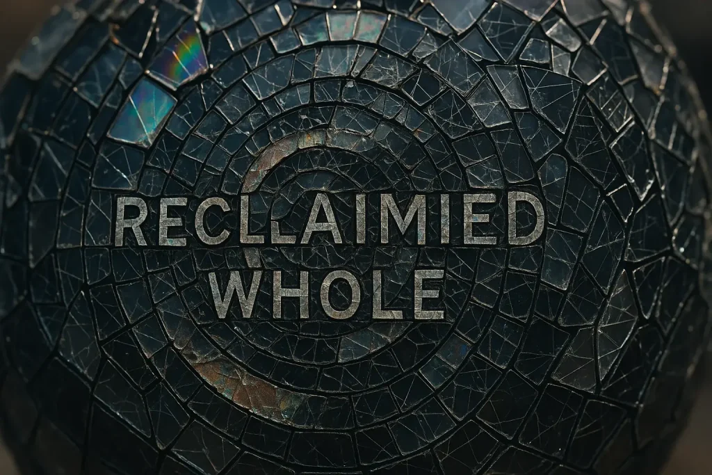 Intricate mosaic of sparkling, reflective broken phone screen shards, symbolizing therapeutic beauty from damage.