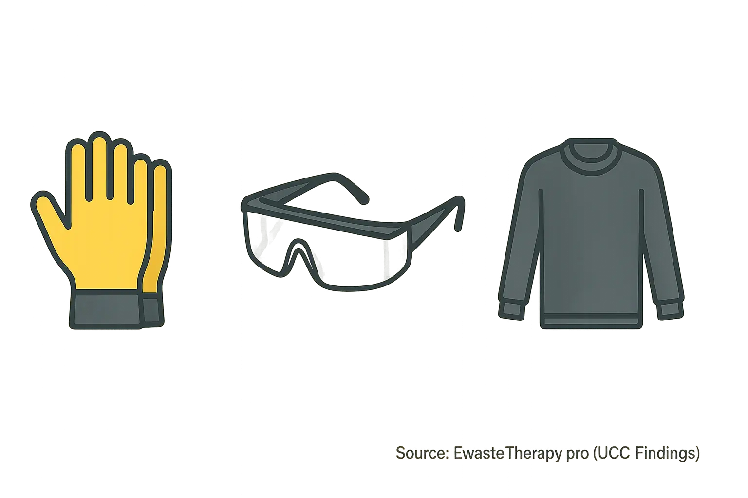 Infographic icons of essential safety gear: thick gloves, safety glasses, long sleeves.