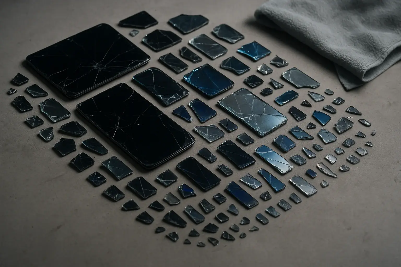 Palette of cleaned, reflective broken phone screen pieces, varied sizes &amp; colors, on a work surface, ready for art.