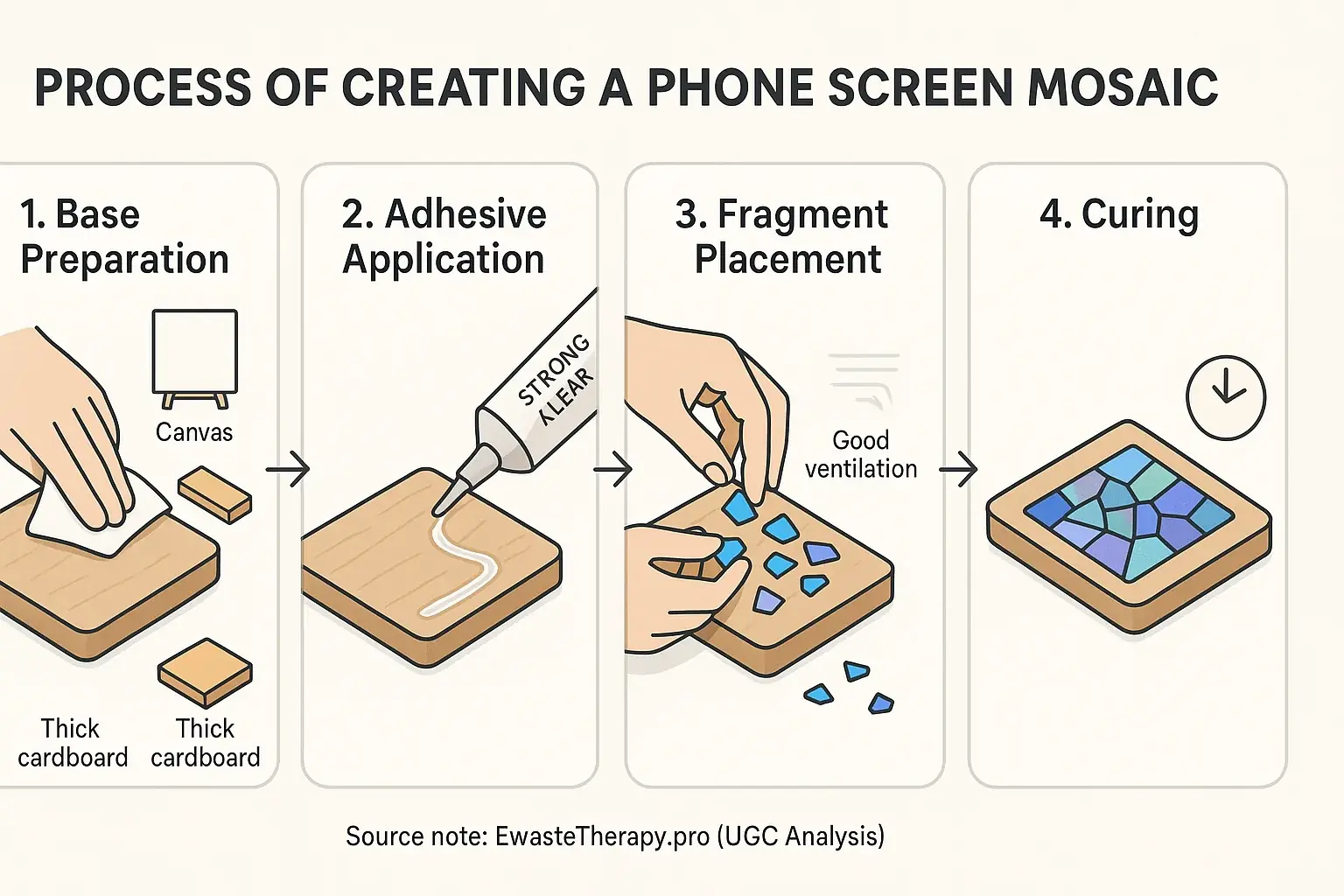 Infographic: 4 illustrated steps for phone screen mosaic e-waste project - base prep, adhesive, fragment placement, curing.