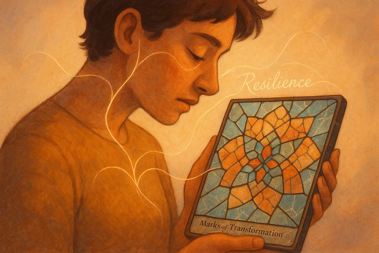 Stylized person reflects on phone screen mosaic, abstract lines to heart/mind symbolizing a journey of mending &amp; wholeness.