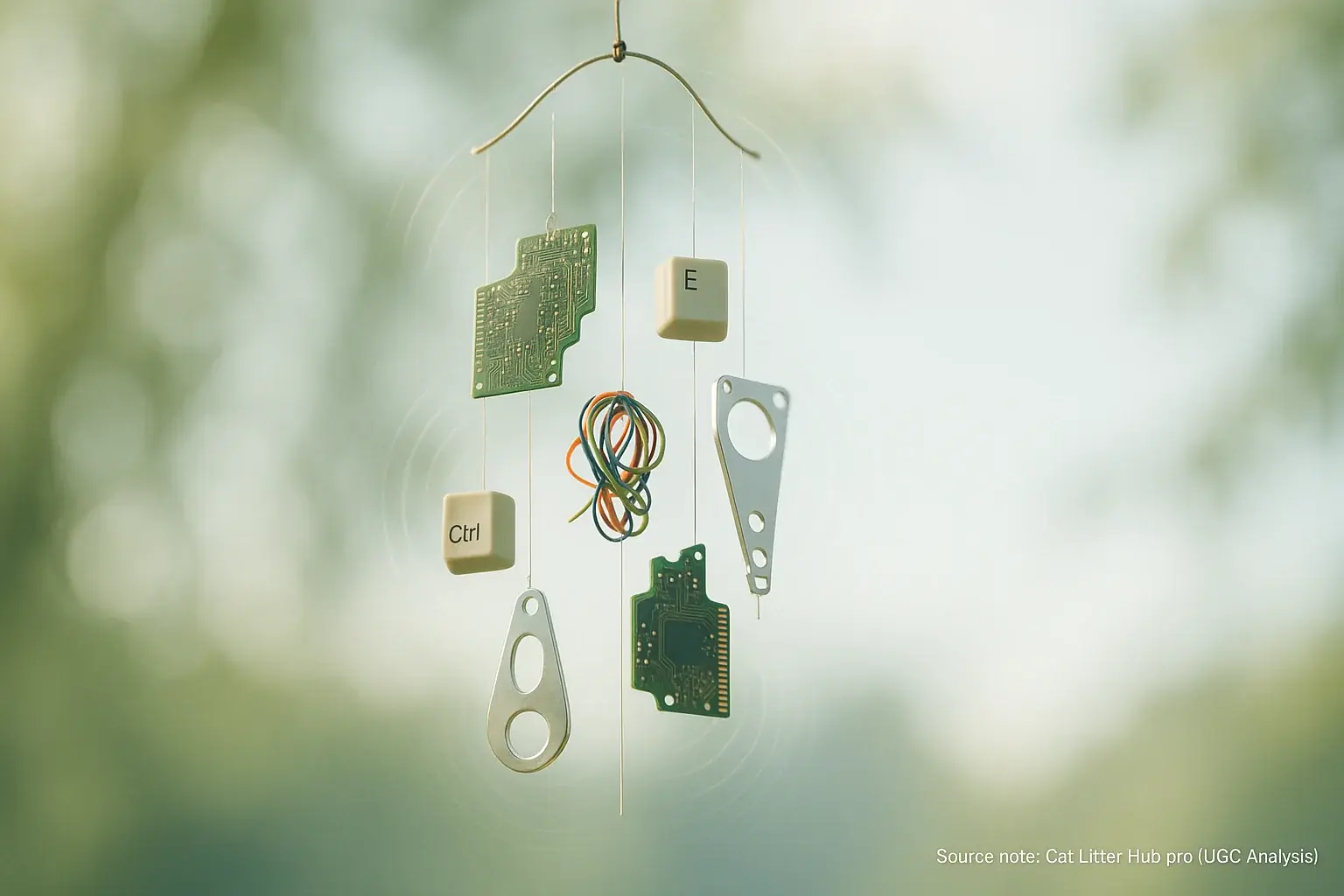 Outdoor e-waste wind chime of circuits & wires sways, creating an unexpected symphony of harmonious, ethereal sound waves.