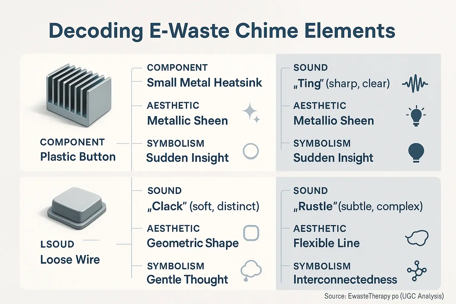 Visual guide illustrating e-waste components (heatsink, wire), their sounds ('ting'), and visual aesthetics ('sheen') for