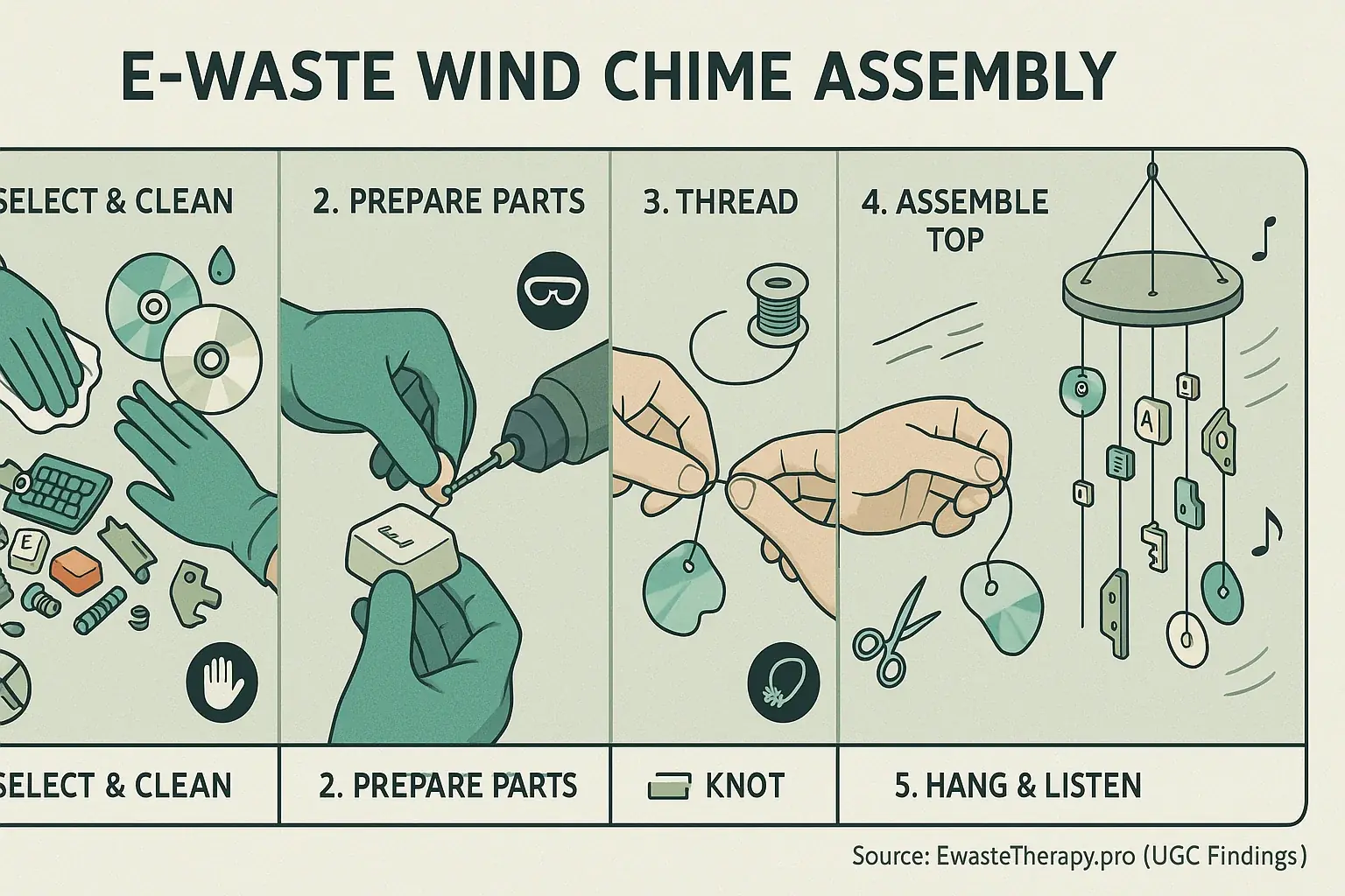 Illustrated e-waste wind chime assembly: 5-step diagram with icons—selecting, drilling, threading, top assembly, hanging.