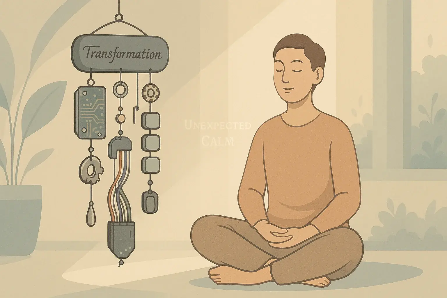 Person finds calm meditating by a focal e-waste wind chime, its gentle presence fostering serenity in soft light.