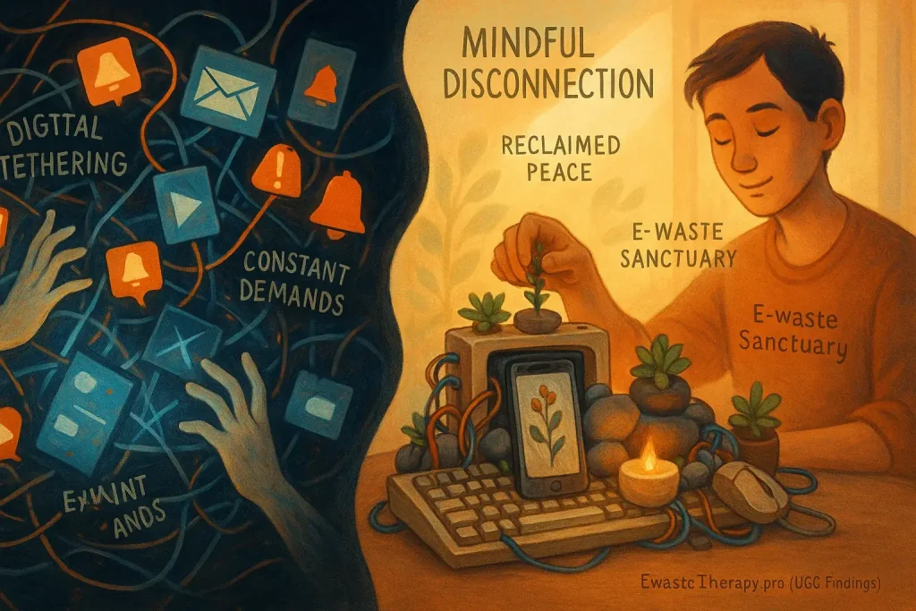 Infographic: Contrast of digital chaos (tech symbols) with mindful peace from nature & e-waste detox altar.