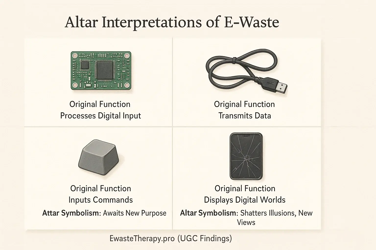 E-waste grid (circuit board, wire, key, screen) contrasting original tech functions with new symbolic altar meanings.