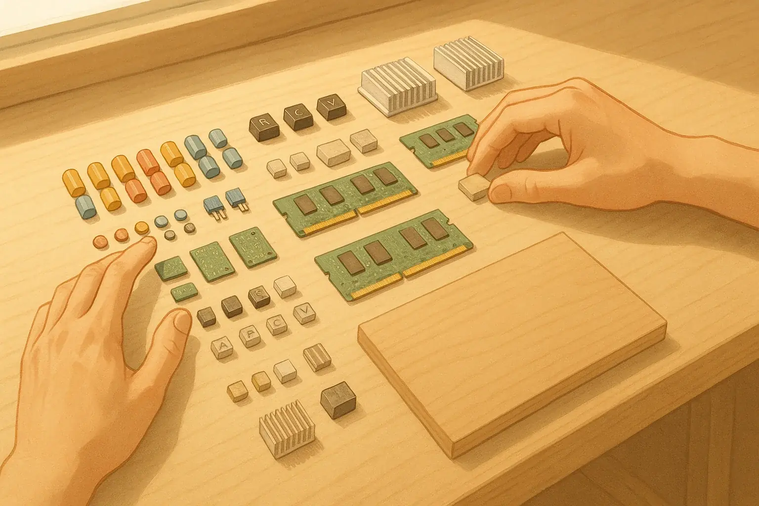 Gentle hands select cleaned e-waste, neatly arranged on a calm, minimalist workspace for digital detox altar crafting.