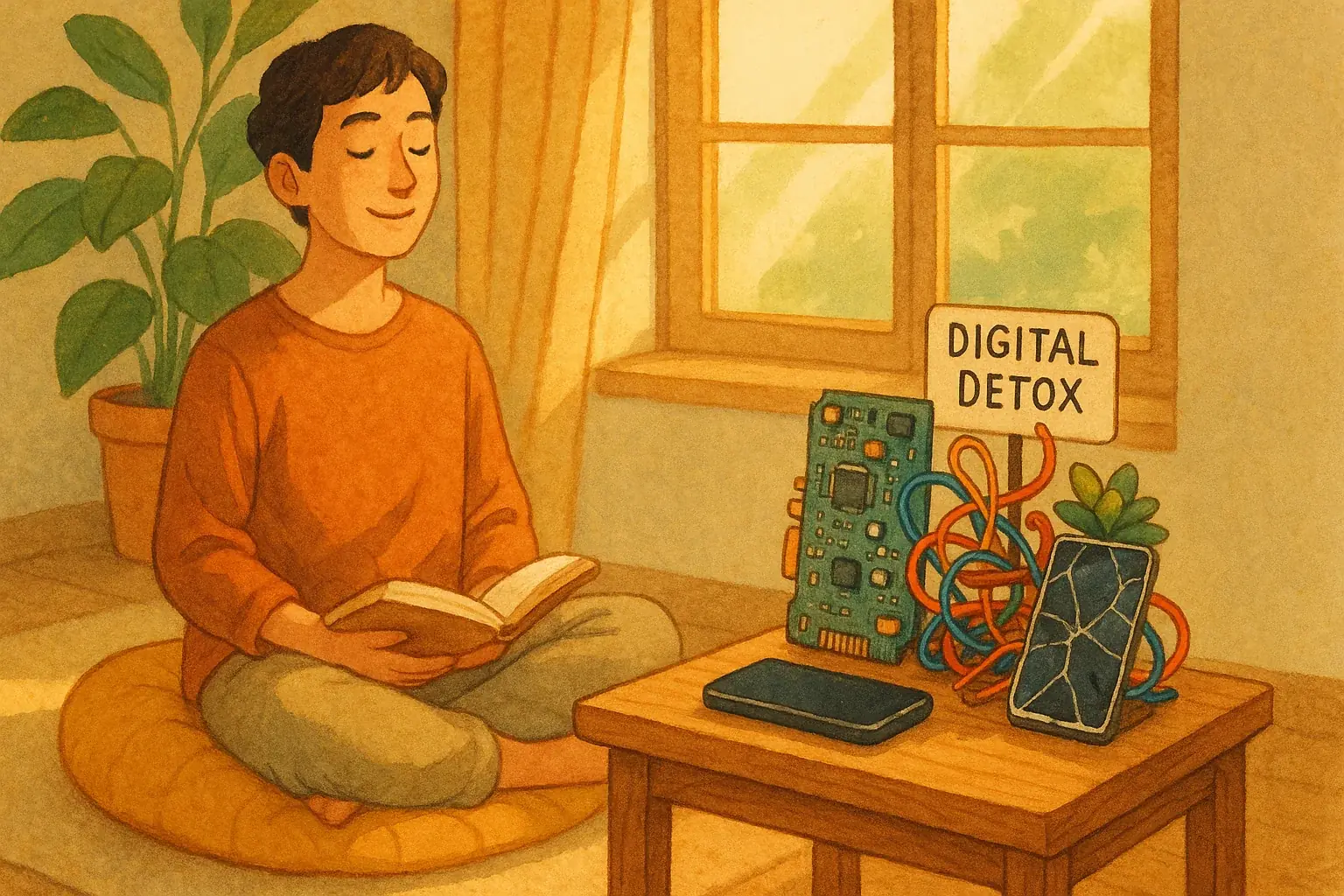 Person calmly using an e-waste digital detox altar, phone aside, integrating this practice into daily life.
