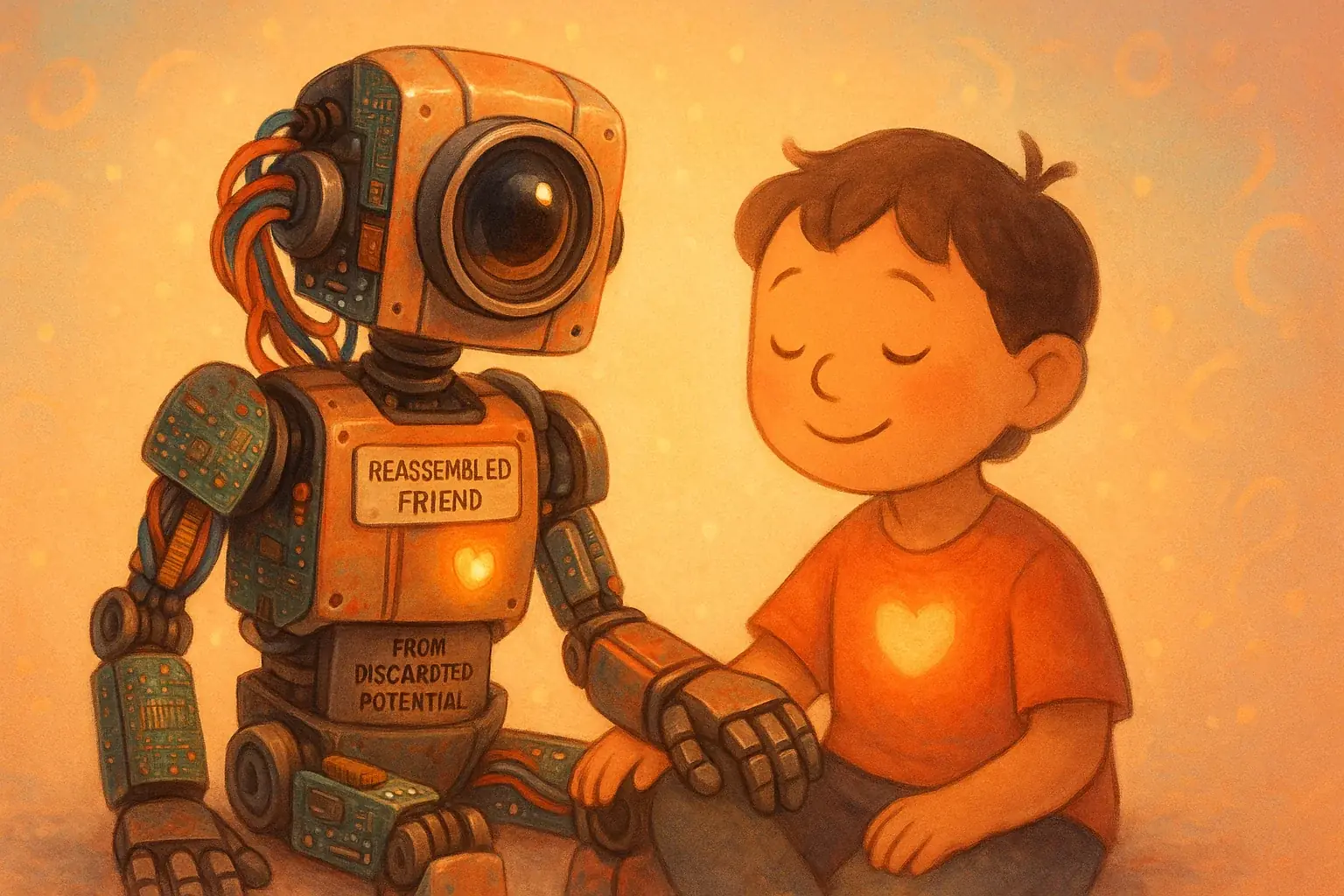 Supportive, whimsical robot of colorful e-waste sits by a content human, a friendly recycled tech friend.