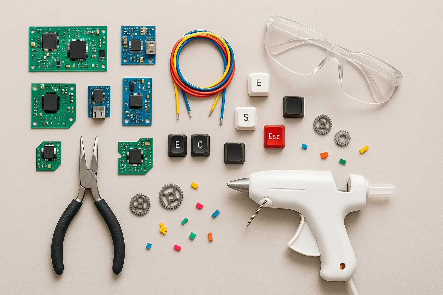 Neatly arranged colorful e-waste (circuits, wires), crafting tools (pliers, glue gun, safety glasses) for creative robot