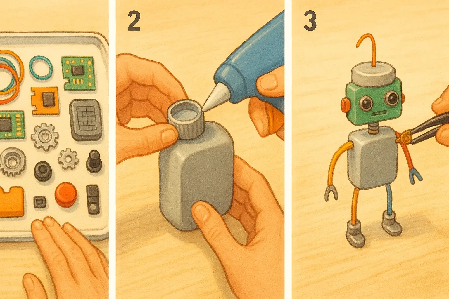 Three illustrations show e-waste robot build steps: laying out components, gluing body, adding details.