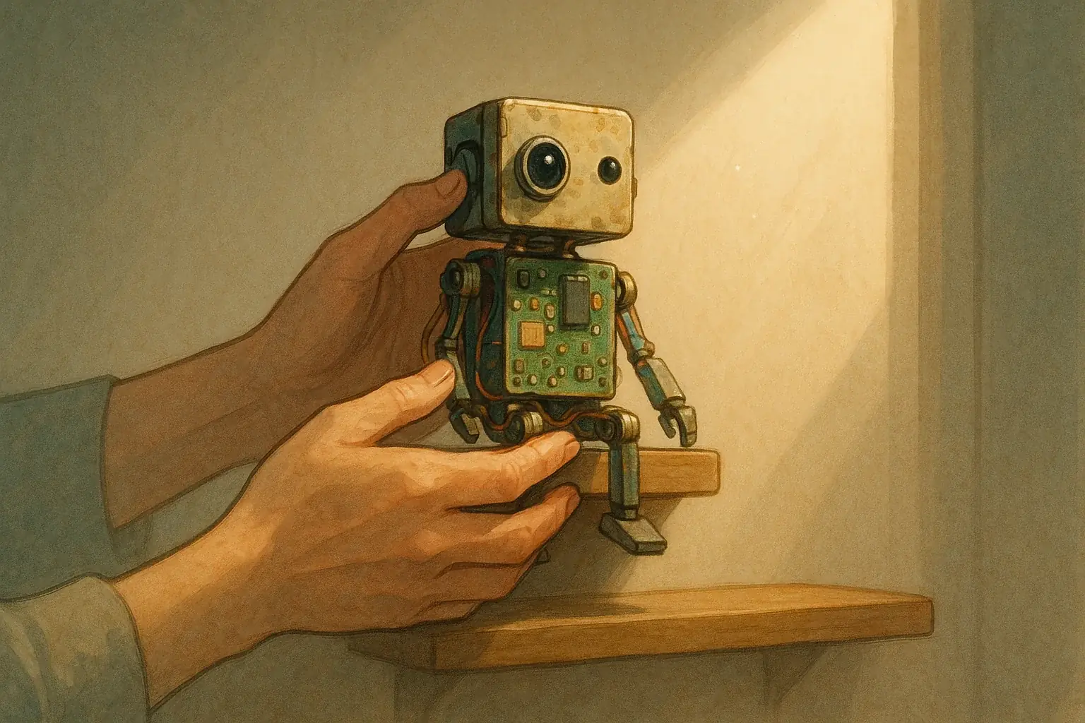 Softly lit scene: person gently places e-waste robot on a special shelf, reflecting a deep, personal connection.