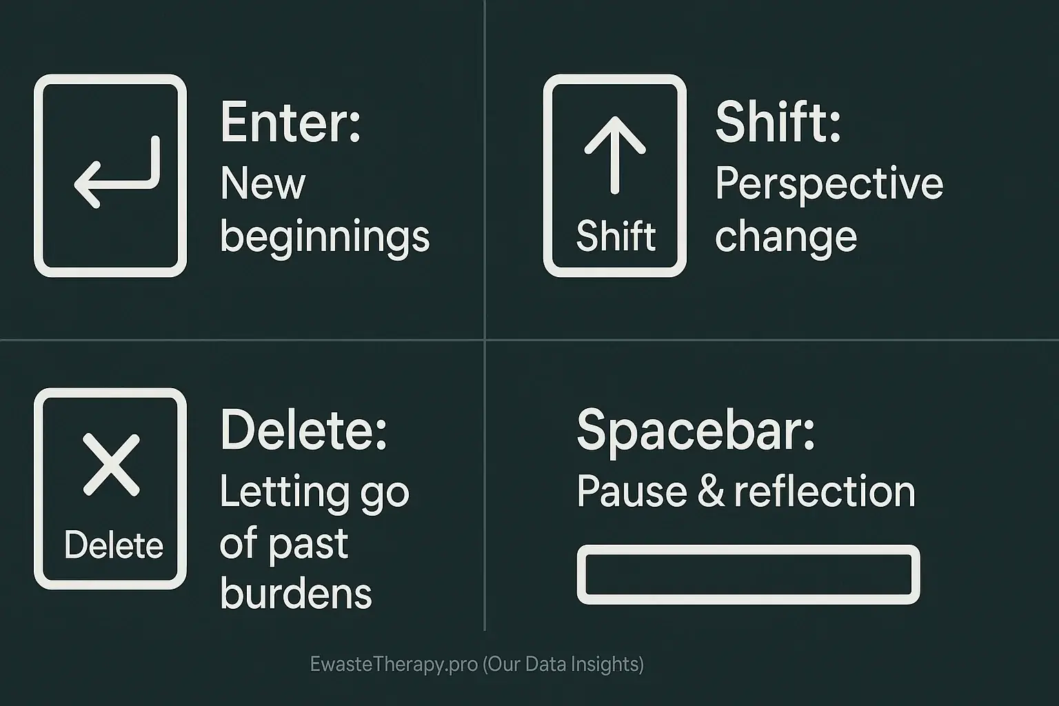 Minimalist key icons illustrate symbolic meanings: Enter (new beginnings), Shift (perspective), Delete (letting go).