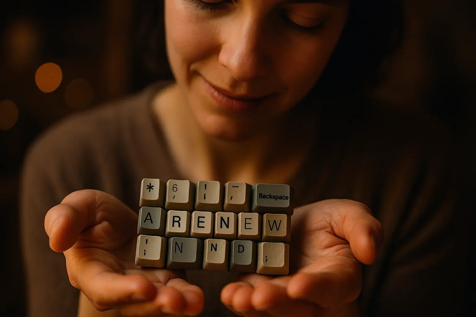 Hands gently hold e-waste keyboard key poem; soft expression reflects on its therapeutic power.