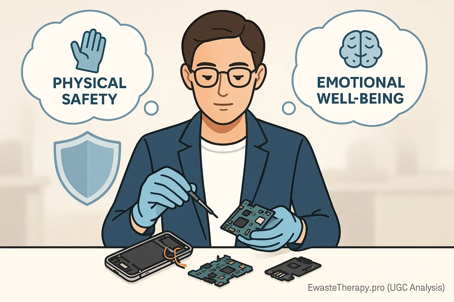 E-waste art safety: therapist with gloves, thought bubbles for physical/emotional well-being, and protective shield icon.