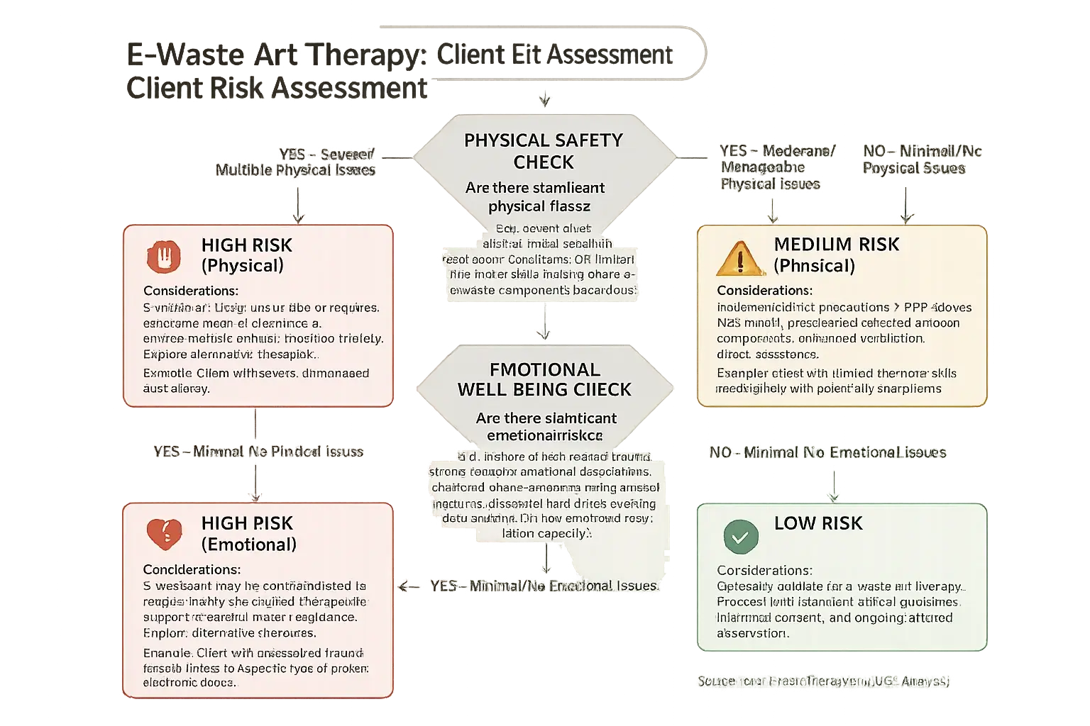 E-waste art therapy client risk assessment flowchart: questions categorize clients into low, medium, or high risk paths.