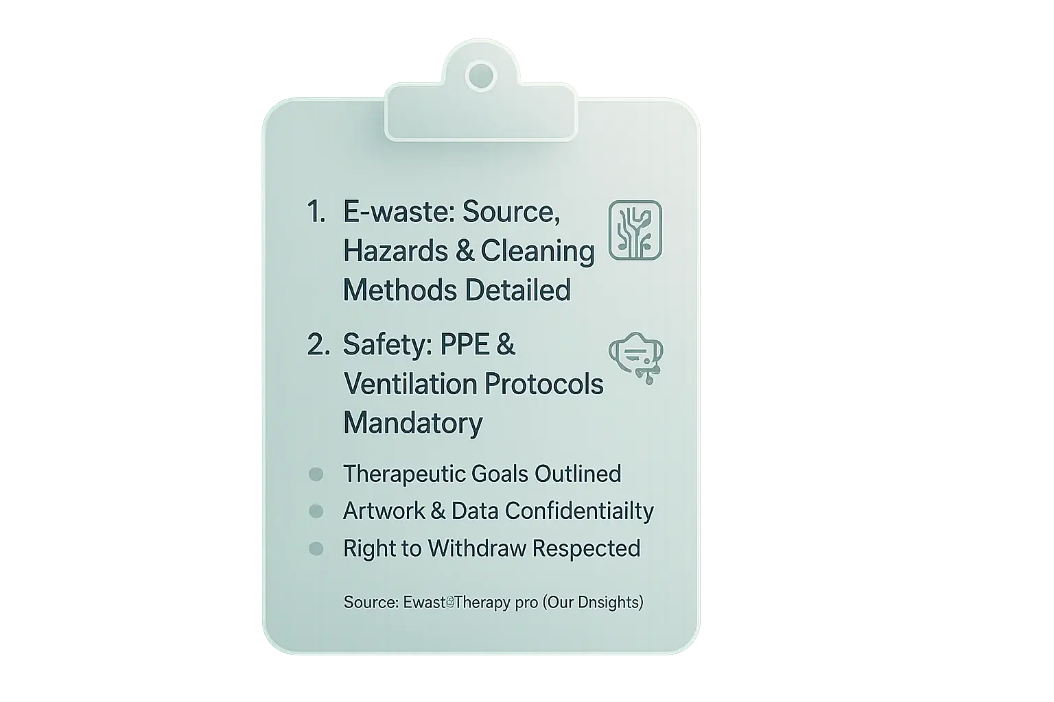 Checklist infographic outlining key informed consent elements for e-waste art therapy: Risks, Goals, Confidentiality