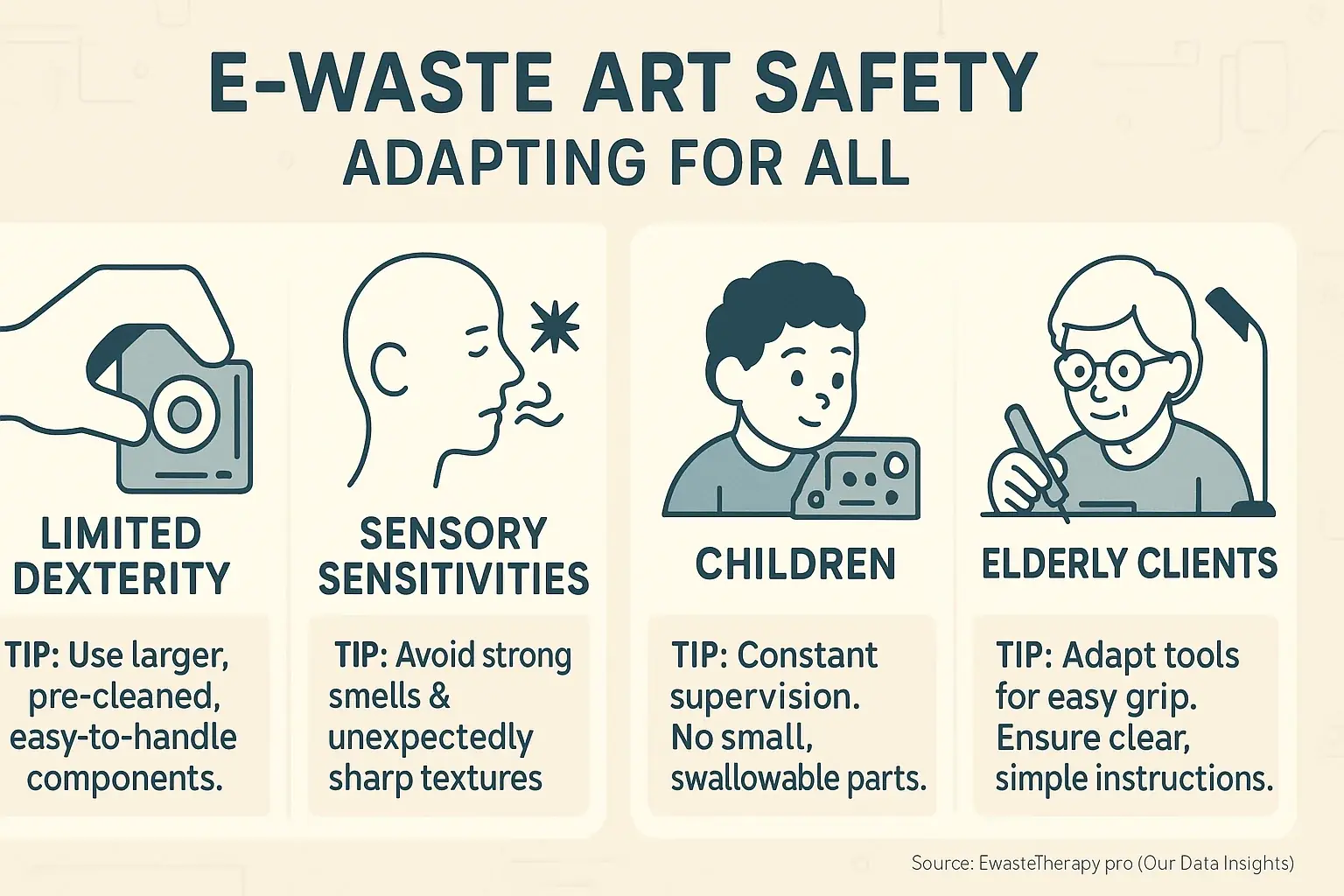 Infographic: Icons illustrate tailored e-waste art safety tips for diverse clients (child, elderly, dexterity/sensory needs).