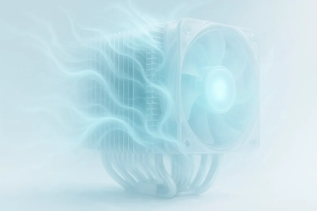 Ethereal heatsink & fan, light flowing through fins, symbolizing emotional cooling & balance.