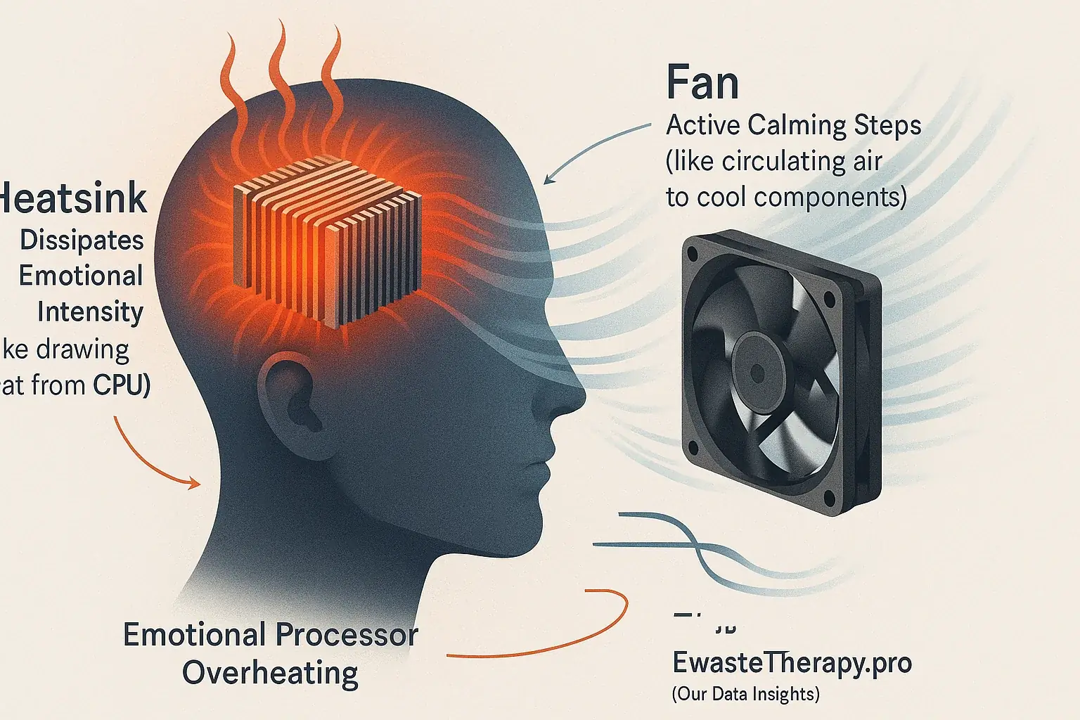 Conceptual illustration: Fan/heatsink metaphor cools 'overheating' emotions via self-soothing for emotional regulation.