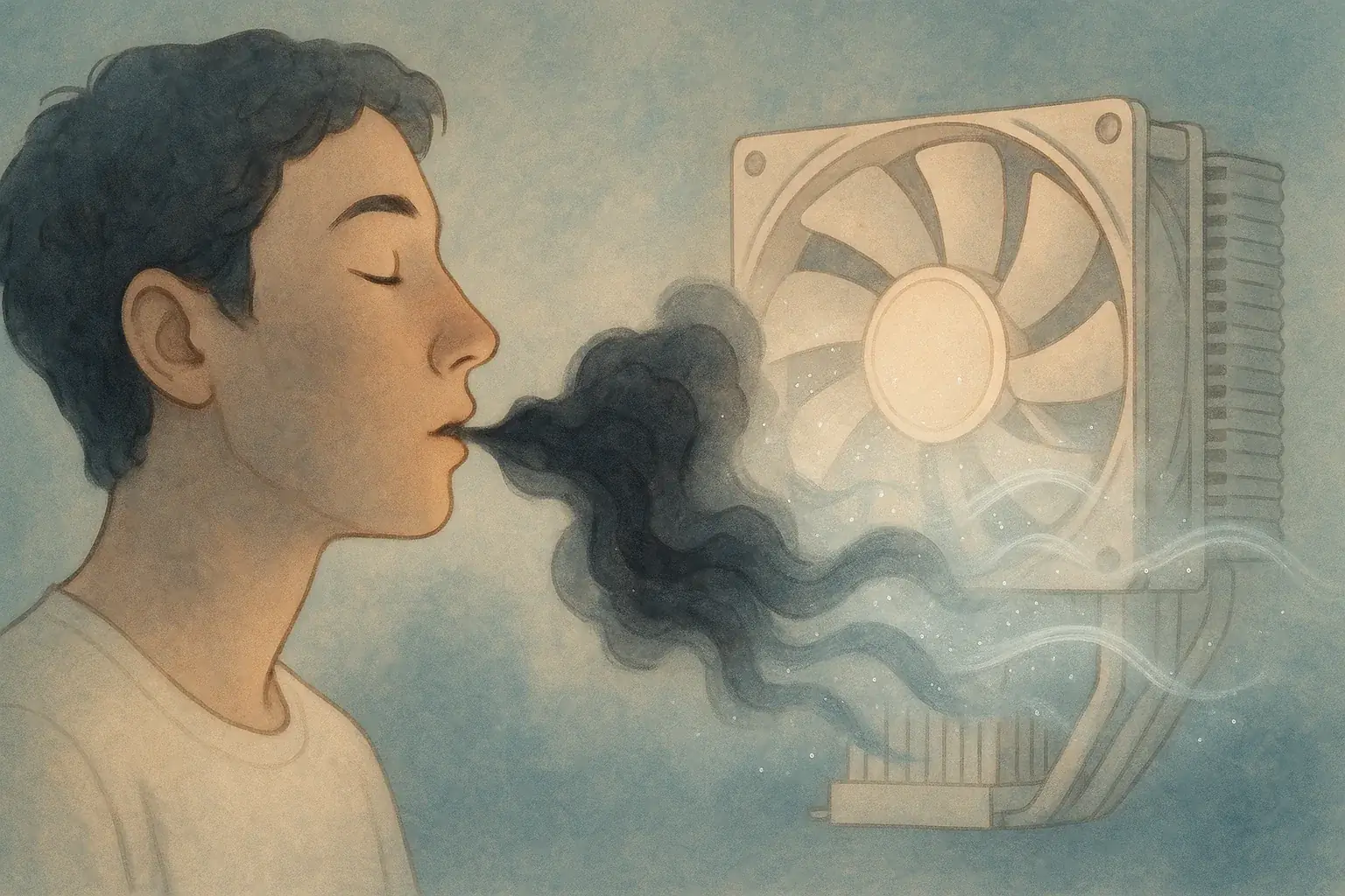Person exhales dark, wispy negative energy, which a stylized fan/heatsink dissipates, clearing the air.