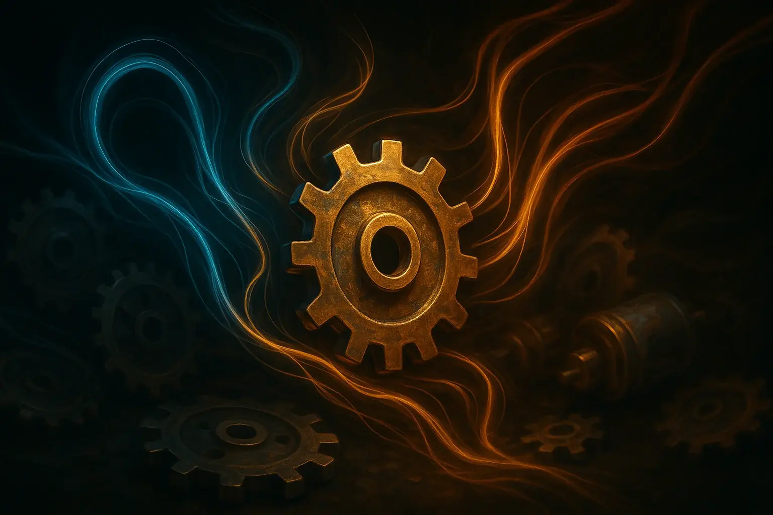 Intertwined e-waste gears, motors, and flowing lines of thought & emotion, symbolizing technology's bond with the inner self.