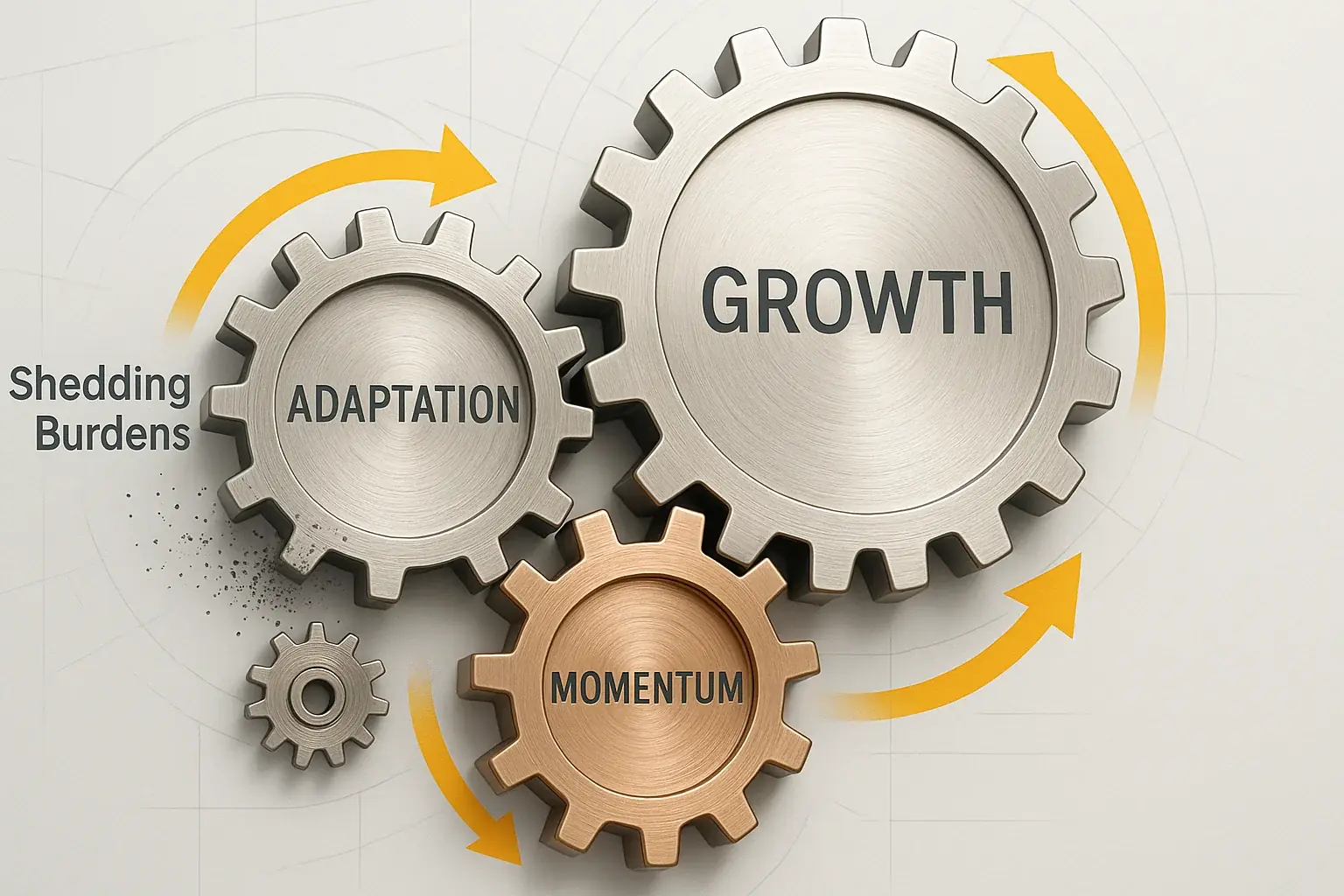 Interlocking gears—Adaptation, Growth, New Beginnings—with arrows, drive forward progress through life's transitions.